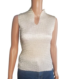 Unbranded Y2K Size S shirred crinkled top in cream high split v neck collar - Picture 1 of 6