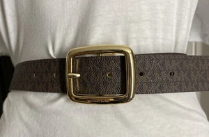 MICHAEL KORS BELT REVERSIBLE CHOCOLATE/VANILLA MK LOGO PRINT GOLD OVAL BUCKLE - Picture 1 of 8
