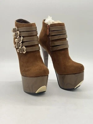 Wild Pair Women’s Brown Suede Ankle Boots Gold Buckles Stiletto Heels Size 5M - Image 1 of 4