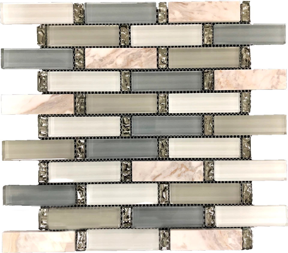 Mosaico de salpicaduras trasero de cristal y piedra de Alicante. Decoración elegante. Montada en malla Foto 1 de 1