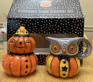 Johanna Parker Halloween Sugar Creamer Cream Set Owl Jack O Lantern Pumpkin NEW - Bild 1 von 9