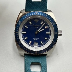 Zodiac Sea Dragon Watch Men Silver Tone Blue Date Window 39MM Dial New Battery - Picture 1 of 15