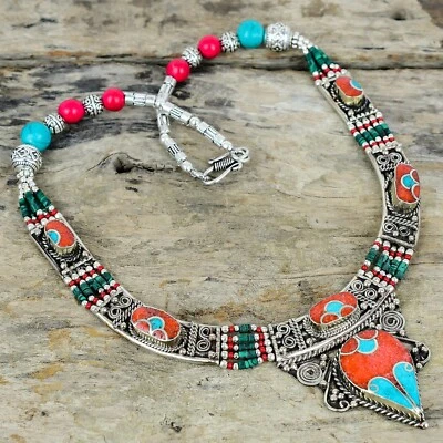 Corallo Rosso E Turchese 925 Argento Sterling Tibetano Collana Perle Nepal Gioie - Immagine 1 di 4