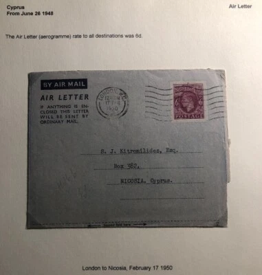 1950 London England Stationery Air Letter Cover To Nicosia Cyprus - Image 1 of 4