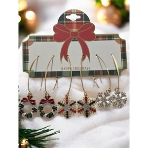Christmas Earrings Gold Tone Set Wreath Snowflakes Holiday Fashion Jewelry New - Bild 1 von 2