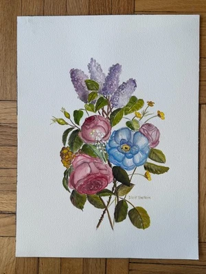 Vintage Watercolor Painting Floral Bouquet Still Life 2 of 2 Dixie Breheim 12x16 - Image 1 of 4