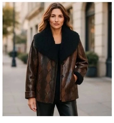 NWT Blank NYC Brown Snake Print Bomber Coat Jacket Sherpa Collar L Party Moto Foto 1 de 4