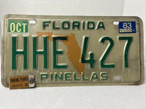 FLORIDA License Plate HHE 427 PINELLAS Exp 10/83 Parking Permit Crafts Garage - Picture 1 of 7
