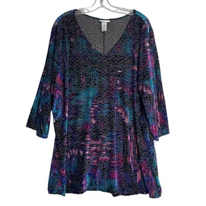 Catherines Burnout Velvet Tunic Top Womens 3X Multi Color Floral 3/4 Sleeves - Picture 1 of 8