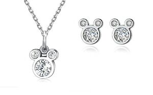 Silver White Gold Disney Mickey Mouse 2 Ct CZ Jewelry Set: Necklace+Earrings
