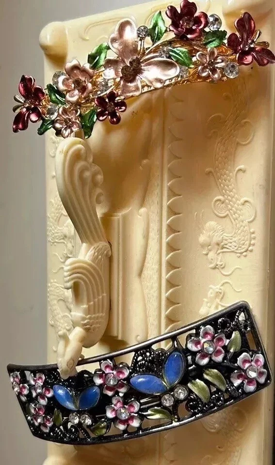 Vtg 2 Lrg 4” Butterfly HAIR BARRETTES CLIPS Crystal Moonglow & Enamel Flowers - Image 1 of 4