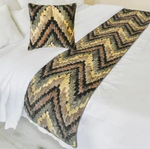 Beige Suede Velvet King Bed Runner, Abstract, Chevron - Paramount - Picture 1 of 5