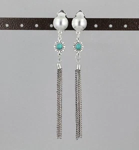 Silber Ohrclips Quaste Türkis Anhänger Clips lange Ohrringe leicht - Bild 1 von 12