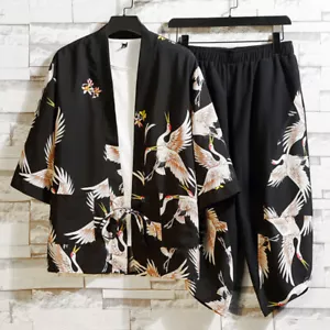 Set pantaloni camicia kimono uomo top yukata vita elastica pantaloni capri abiti - Foto 1 di 14