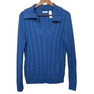 Liz & Co. Cable Knit Sweater XL Blue 100% Cotton Collared V-Neck Pullover Pocket - Picture 1 of 8
