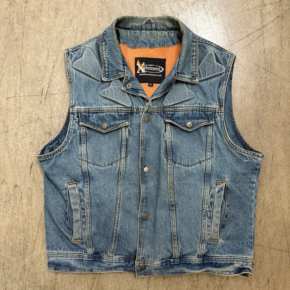 Xelement Biker Denim Vest Mens XL Motorcycle Mesh Lined Jeans Moto Padded Y2K - Image 1 of 4