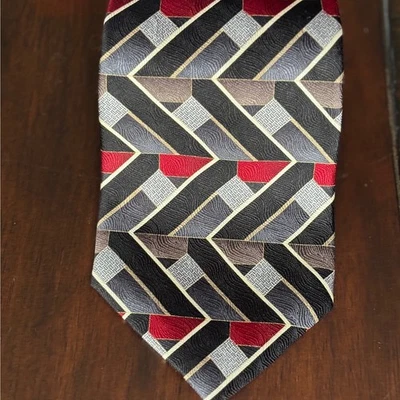 Albert Nipon Geometric Necktie Black Gray Red Brown Mens Fashion Pattern Tie - Image 1 of 4