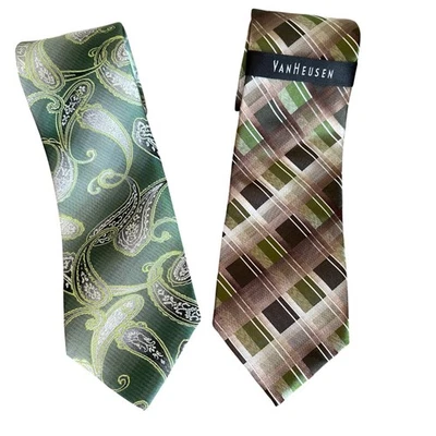 Nuevo con etiquetas ¡Nuevo! Corbatas Van Heusen para Hombres 100% Seda - Paisley Verde y Marrón Juego de 2 Corbatas a Cuadros Foto 1 de 4