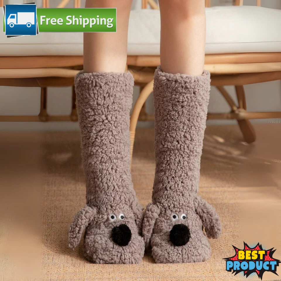 Women's Warm Thermal Lined Anti-Slip Socks Winter Cute Dog Fuzzy Slipper Socks - Image 1 of 4