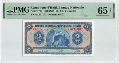 HAITI 2 Gourdes 1951-64, P-179a, PMG 65 EPQ Gem UNC, 3rd Finest, Mehu @ Right - Image 1 of 2
