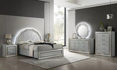 NUEVO 5 PIEZAS LED Brillo Plata Queen King Gris Moderno Espejo Juego de Dormitorio Cama/D/M/N/C Foto 1 de 4