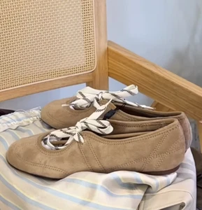 ZARA BNWT 2025. SAND BROWN SPLIT SUEDE LACE UP BALLERINAS SHOES. 2539/510/107 - Picture 1 of 11