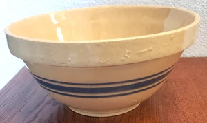 Cuenco mezclador de gres antiguo primitivo Yellow Ware tres bandas azules rayas 9" - Imagen 1 de 6