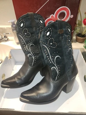 Botas de Vaquero Dingo Ava DI 587 Negro Gamuza Cuero Tachuelas Bordadas Para Mujer talla 10M Foto 1 de 4