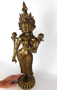 Vintage Gilt Bronze BODHISATTVA Female Buddhist Deity Standing Green TARA 20in. - Picture 1 of 20