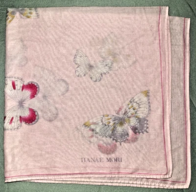 Винтажный Hanae Mori бледно-розовый чистый хлопок квадратный шарф, бабочка узор - Изображение 1 из 4
