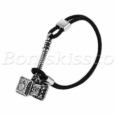 Pulsera de acero inoxidable con correas de cuero negro multicapa Thor's Hammer para hombre Foto 1 de 4