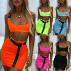 Women Neon Green Buckle Top Bodycon Skirt Two Piece Co Ord Set Beach Mini Dress