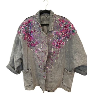 Vintage Jean Jacket Womens XL Blue Denim Paint Splatter 90s Acid Wash Glitter - Picture 1 of 8