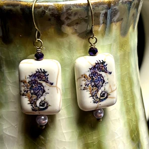 Bronze Tone Purple and Brown Ocean Seahorse Bead Dangle Earrings. Sea Life. S761 - Picture 1 of 3