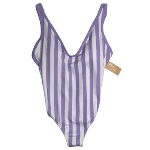 Kona Sol Swimsuit Size M (8-10) 1-Piece Purple White Striped Built-In Bra NEW - Picture 1 of 10