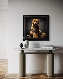 Black Framed Artwork Of A Orange Leopard Cub With A Black Background Printed - Picture 1 of 7