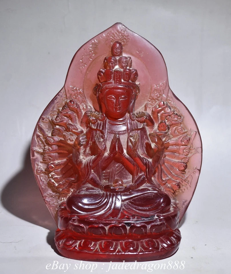 6" Old Chinese Red Amber Carved Sit 1000 Arms Avalokiteshvara of Goddess Statue - Image 1 of 4