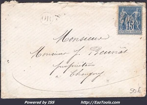 FRANCE SAGE 15c BLEU TYPE II N SOUS U N° 90 SUR LETTRE AVEC CACHET OR ENCERCLÉ - Picture 1 of 2