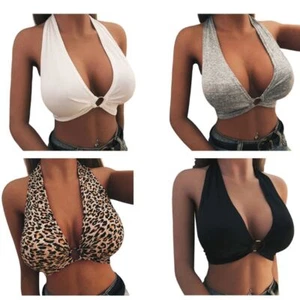 Womens Sexy Plunging V-Neck Bralette Wide Strap Leopard Backless Cro - Bild 1 von 19
