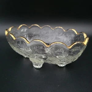 Jeannette Floragold Louisa 4 Toed Clear Glass Gold Rim Jewlery Trinket Dish - Picture 1 of 6