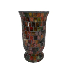 Mosaic Vase Candle Holder 9.5” Tall x 5.5" Wide Red Brown Gold Faux Flowers VTG - Picture 1 of 11