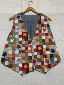 Gilet donna vintage fatto a mano motivo patchwork taglia M/L bottoni reversibili denim - Foto 1 di 6