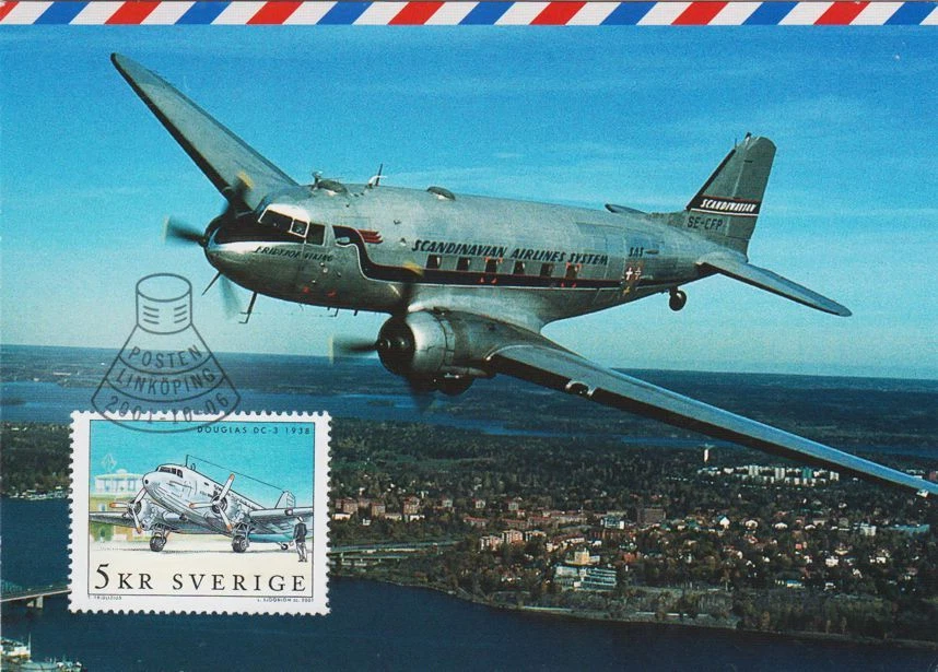 DC 3 Douglas Airplane Aviation Sweden Aeroplane Mint Maxi FDC 2001 - Image 1 of 1