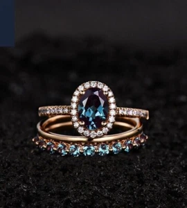 2.50 Ct Oval Cut Simulated Alexandrite Wedding Band Ring In 14k Rose Gold Plated - Picture 1 of 7