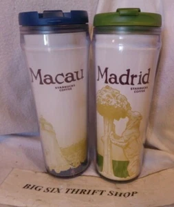 Taza vaso de viaje Starbucks Coffee Macao & Madrid Global Icon Series 12 oz - Imagen 1 de 5