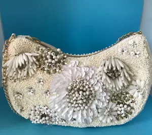 BLANCO/CREMA CUENTAS FLORES Y LENTEJUELAS FORMA LUNA HOMBRO NUEVO SIN ETIQUETAS - Imagen 1 de 9