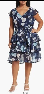 City Chic Navy Orchid V-Neck Short Sleeve Floral Print Dress NWT size XL/22 - Picture 1 of 5