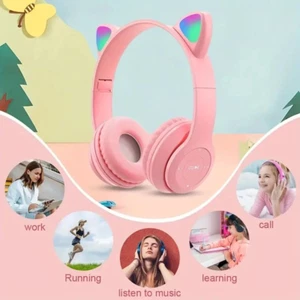 Foldable LED Light Up Anime Cartoon Cat Ear Wireless Headphones - Picture 1 of 4
