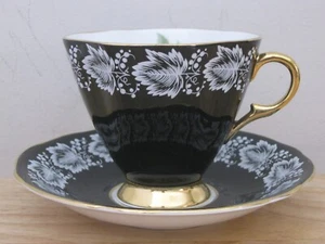 Vintage Black Bone China Teacup and Saucer with Roses & Gold Trim by Clarence - Picture 1 of 14
