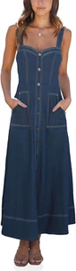 Women'S Long Denim Dress Sleeveless Adjustable Straps a Line Maxi Dress with Poc - Picture 1 of 5